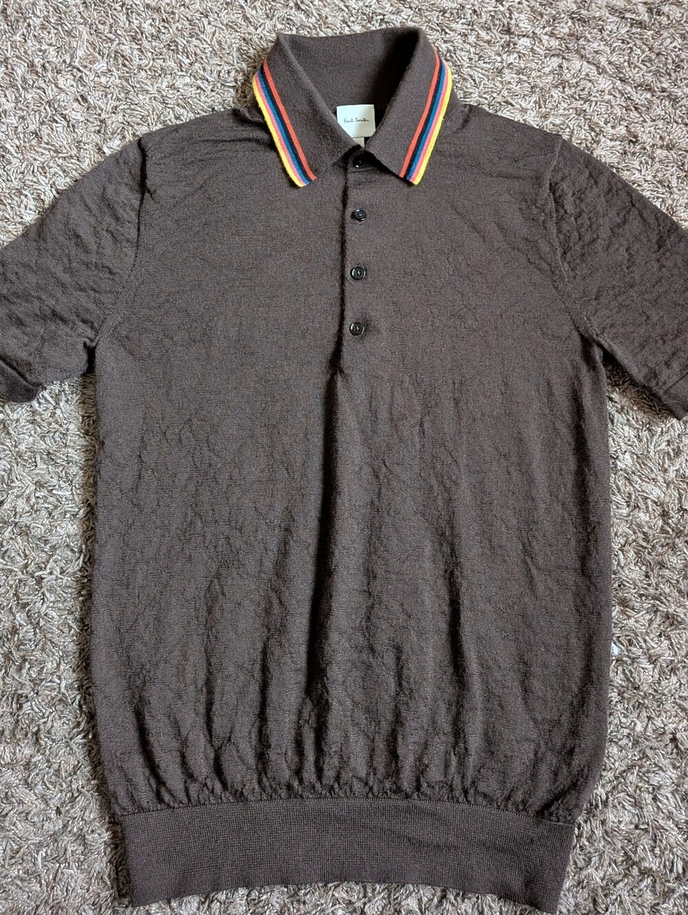 Paul Smith Brown 100% Merino Wool Artist Stripe Soft Knit Polo Shirt Men's XS